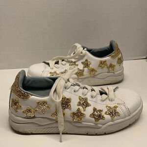 Chiara Ferragni Roger Sneakers Shoes Gold Glitter Stars White Leather Lace Up 37